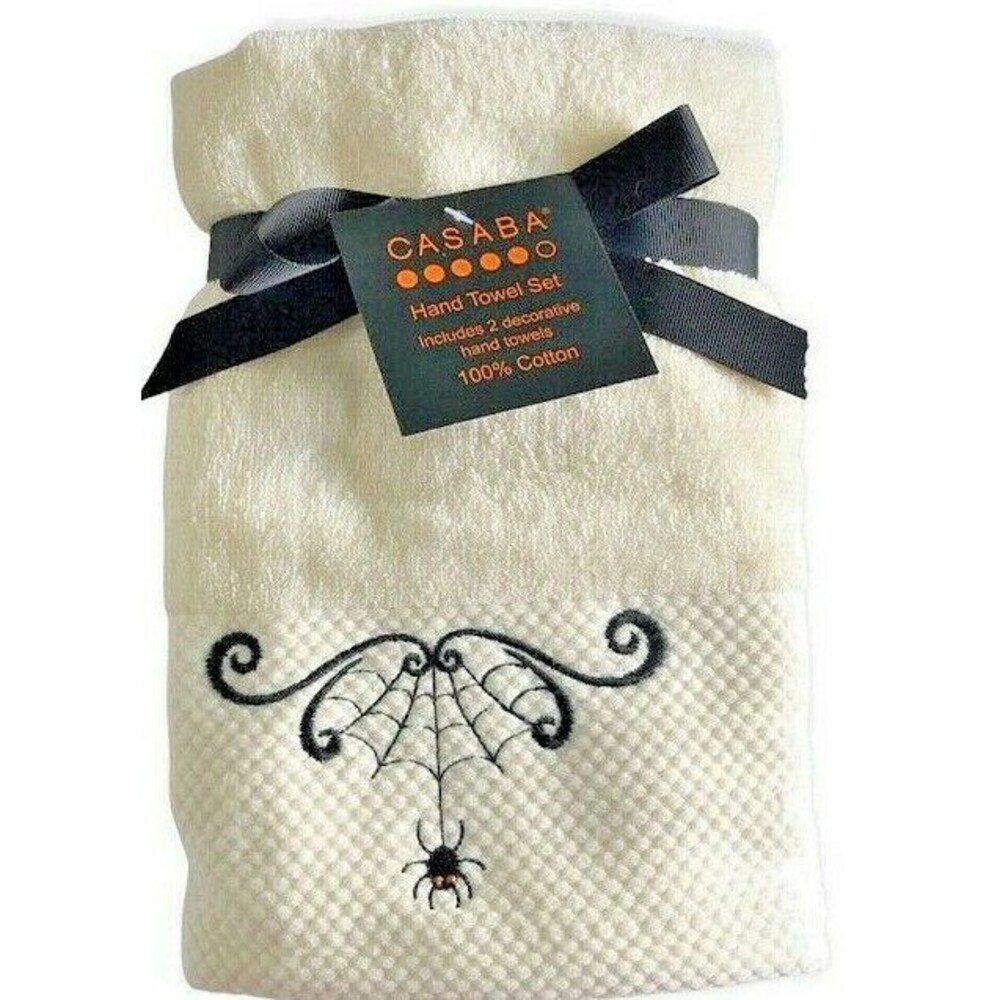 Casaba Happy Halloween Spider Web Hand Towels Embroidered Ivory Spooky Set Of 2